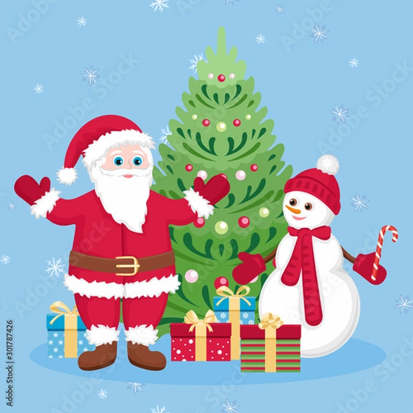 Fototapeta Funny Santa Claus, cute snowman and gift boxes with bows under  Christmas tree on blue background with white snowflakes. New Year card. Vector holiday illustration in cartoon simple flat style.