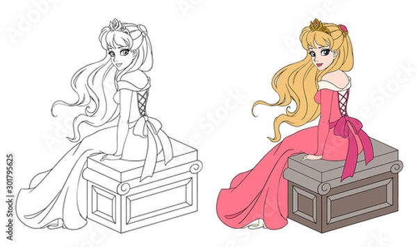 Fototapeta Piękna księżniczka w różowej sukience siedzi z długimi blond włosami. Kolor i zarysowane zdjęcie do kolorowania książki na białym tle. Ręcznie rysowane ilustracja kreskówka wektor.
