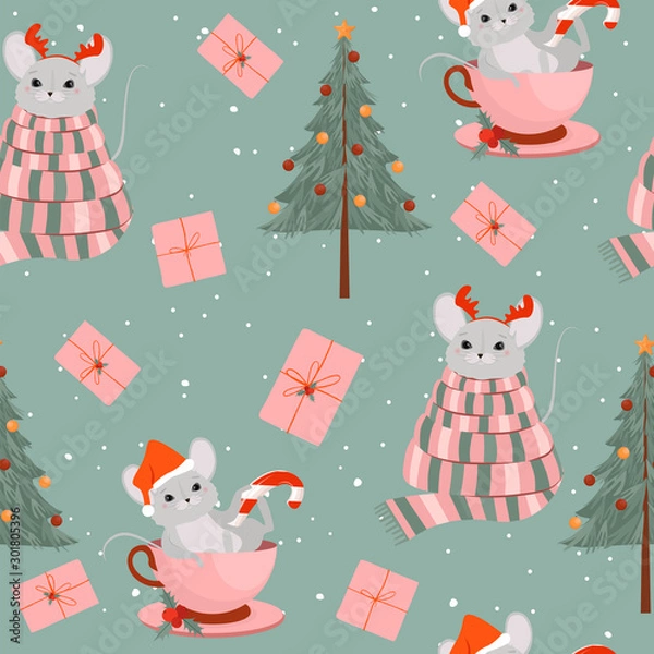 Fototapeta Seamless pattern with cute mouse and christmas elements. Editable vector illustration