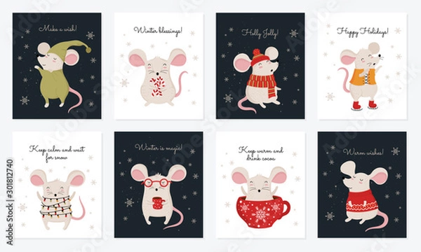 Fototapeta Vector collection of cards with hand drawing cute winter rats in cozy clothes. Creative banner with funny mice for New 2020 Year.