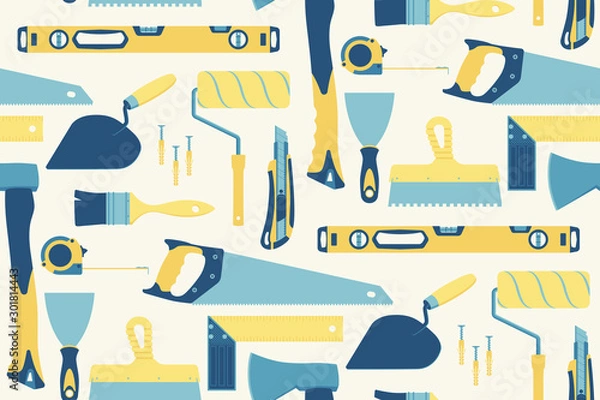 Fototapeta Seamless pattern of tools for the repair of buildings on a light coloured background. Vector.