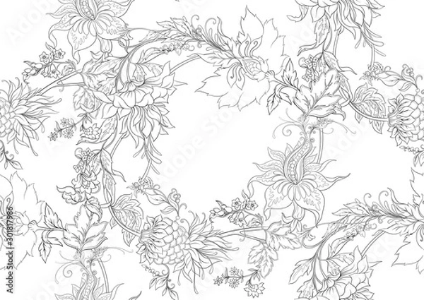 Fototapeta Fantasy flowers in retro, vintage, jacobean embroidery style. Seamless pattern, background. Outline hand drawing vector illustration..