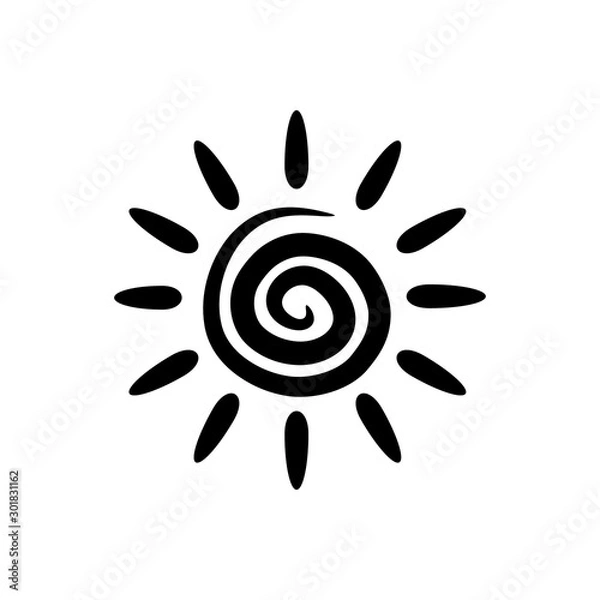 Fototapeta Spiral vector sun with rays. Isolated black line illustration. Simple design element, logo, icon.