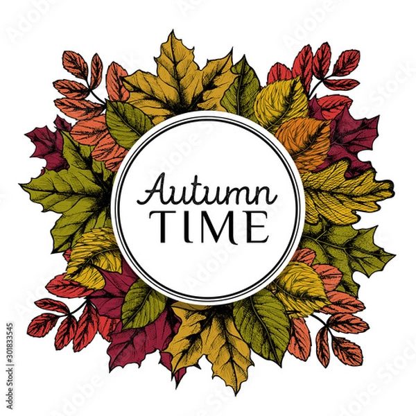 Fototapeta Hand drawn wreath with maple leaves.  Autumn design. Red forest berries. For design textiles, fabric, packaging, paper, surface decoration, background.