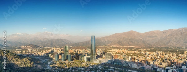 Fototapeta Panorama of Santiago, Chile with the Andes mountains as a backdrop, as seen from Cerro San Cristobal