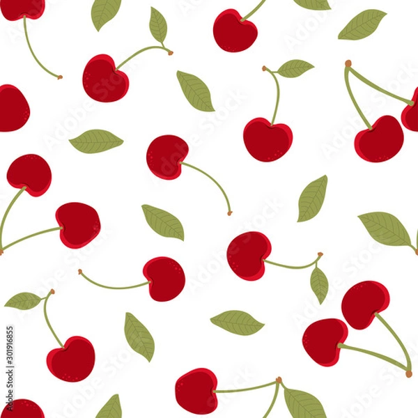 Obraz Cherries with stems and leaves on white background seamless pattern