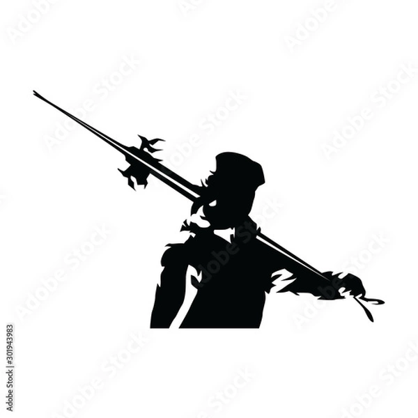 Fototapeta Downhill skier holding ski, ink drawing vector portrait