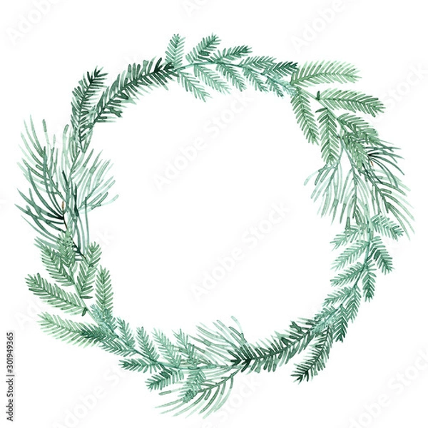 Fototapeta Watercolor Christmas tree and holly. Hand painted vintage frame with branches, berries and leaves isolated on white background. Traditional evergreen frame