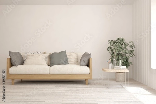Fototapeta Stylish room in white color with sofa. Scandinavian interior design. 3D illustration