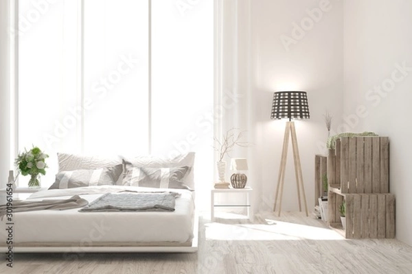 Fototapeta Stylish bedroom in white color. Scandinavian interior design. 3D illustration