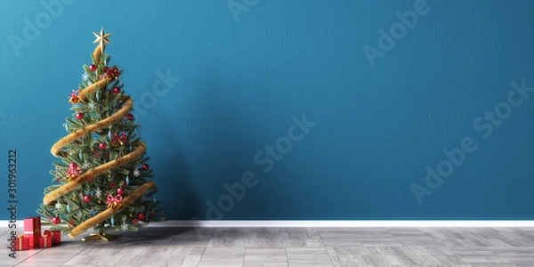 Obraz Christmas tree in front of a empty blue mock-up wall, 3D Rendering, 3D Illustration
