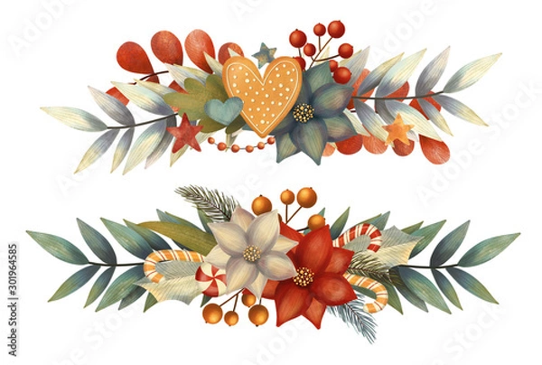 Fototapeta Set of christmas arrangements with poinsettia, leaves, pine, lollipop, candy, gigngerbread, berries. Hand drawn illustration.