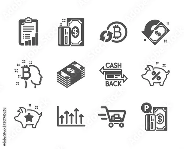 Obraz Set of Finance icons, such as Bitcoin think, Payment, Shopping cart, Loyalty points, Parking payment, Checklist, Cashback, Usd currency, Refresh bitcoin, Growth chart, Loan percent. Vector