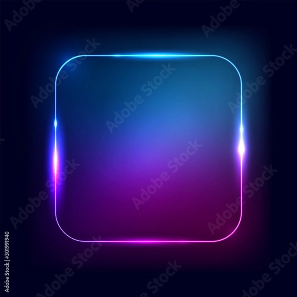 Fototapeta Neon frame. Rectangle or square shape glow border on the black background. Vector illustration for neon glowing banner and sign. Abstract dark design element.