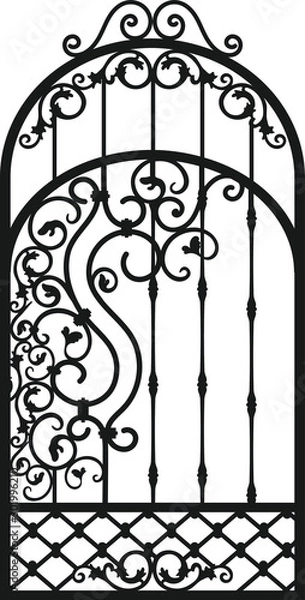 Fototapeta Forged fence. Gothic door, vector design. Decorative garden gate. Metal pattern or iron wicket for garden, castel. Rich ornament. Scroll-work