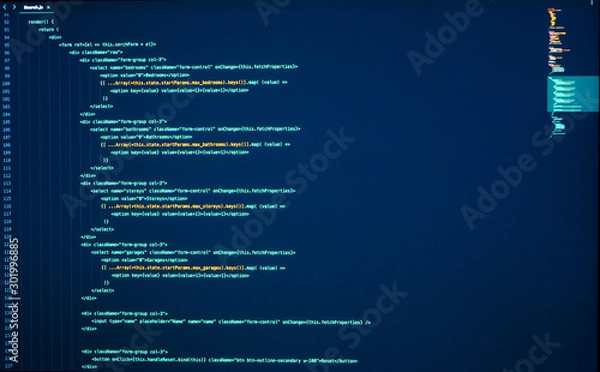 Obraz Lines of java coding on computer screen. Source code. Frontend development. React Coding. Script language for software development
