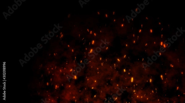 Fototapeta Płonące, gorące, latające iskry na nocnym niebie. Piękne abstrakcyjne tło latające na czarnym tle.