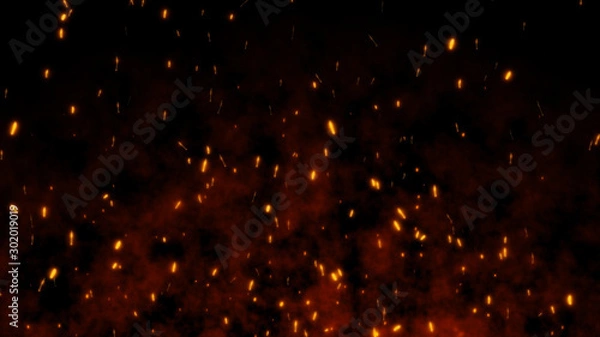 Fototapeta Burning red hot flying sparks fire in the night sky. Beautiful abstract background flying on black background.