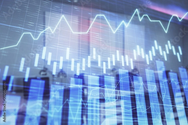 Obraz Stock market chart with trading desk bank office interior on background. Double exposure. Concept of financial analysis
