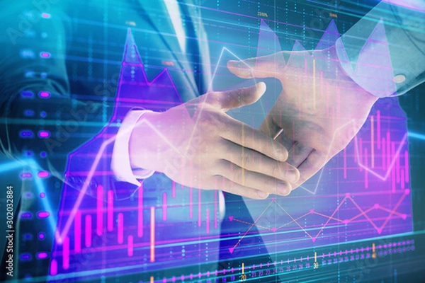 Fototapeta Multi exposure of forex graph on abstract background with two businessmen handshake. Concept of success on stock market