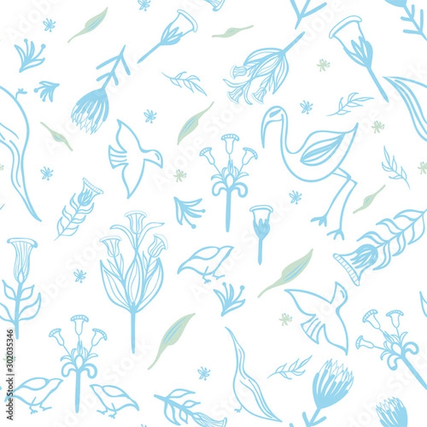 Fototapeta Pattern birds flowers baby blue green on white background linear