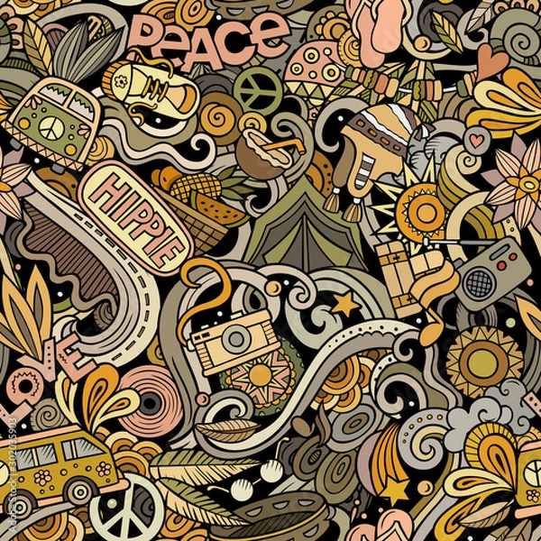 Obraz Hippie hand drawn doodles seamless pattern. Hippy background.
