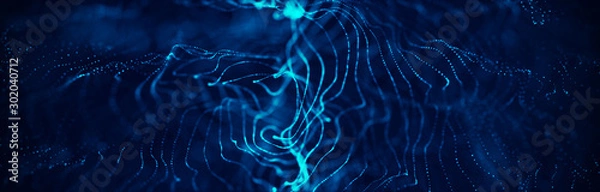 Fototapeta Wave 3d. Fala cząstek. Niebieskie tło geometryczne. Wizualizacja Big Data. Technologia danych streszczenie futurystyczna ilustracja. Renderowanie 3d.