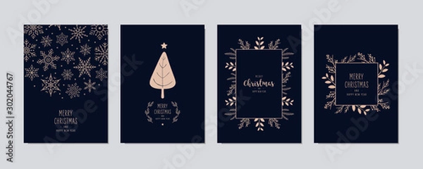 Fototapeta Merry Christmas modern elegant card set with frame banner greetings and golden fir pine branches on blue background