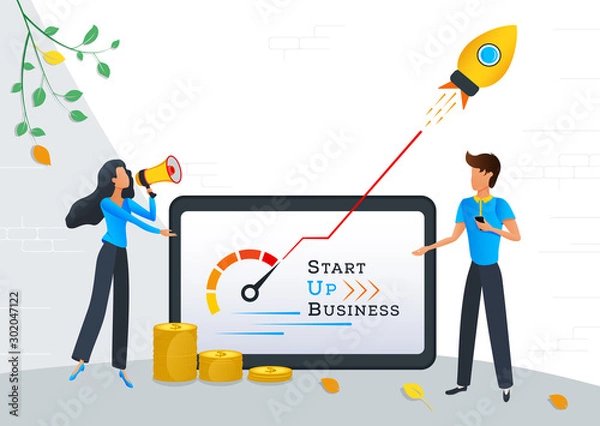 Fototapeta Startup new business project, financial investments in creative idea online, start up launching product with rocket, entrepreneurship. Concept for web page, banner. Flat vector illustration