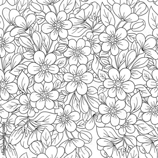 Fototapeta Seamless pattern, background with pink cherry blossoms, apple trees, sakura. Outline hand drawing vector illustration. Vector illustration.