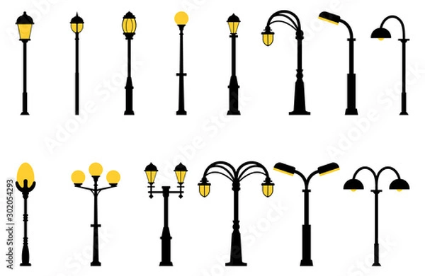 Obraz Set of street lights black silhouette isolated on white background. Collection of modern and vintage street lights. Elements for landscape construction. Vector illustration for any design.