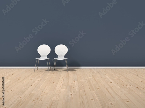 Obraz blaue Wand mit Stühlen