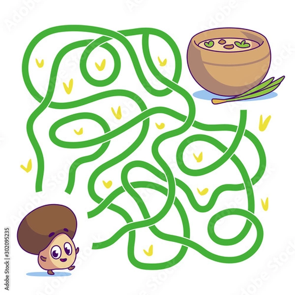 Obraz Help cute champignon mushroom find path to soup. Labyrinth. Vegan maze game for kids. Vector illustration on  white background.