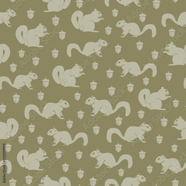 Obraz Green Squirrels and Acorns on Green Background Seamless Repeat Pattern. Background for textiles, cards, manufacturing, wallpapers, print, gift wrap and scrapbooking.