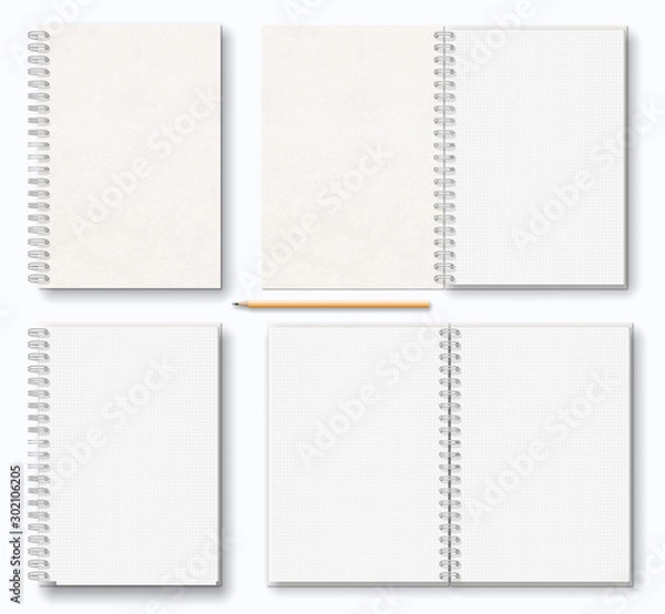 Fototapeta realistic blank open, closed brown beige paper texture notebook with white metal spiral on left, wooden pencil, top view, stock vector illustration clipart objects set isolated on white background