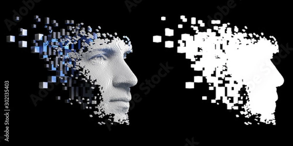 Fototapeta Abstract digital human face.  Artificial intelligence concept of big data or cyber security. 3D illustration 
