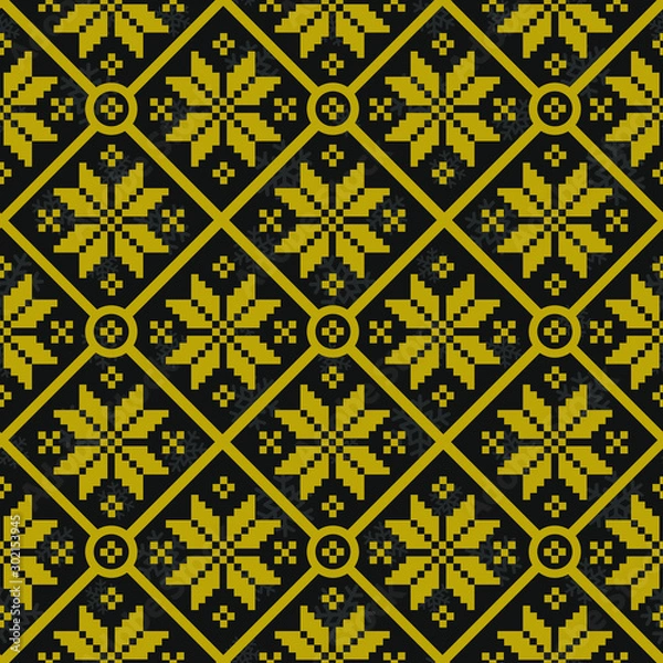 Fototapeta Vector seamless geometric pattern with golden knitted snowflakes on black background; winter design for greeting card, sweater, gift box, wallpaper, wrapping paper, fabric, web design.