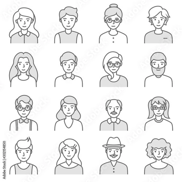 Fototapeta People set. Men and women, avatar icon. linear vector illustration. Editable stroke