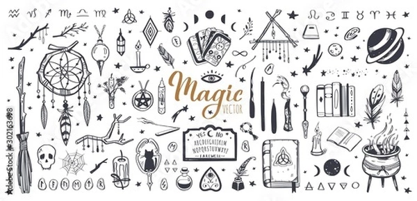 Obraz Czary, magiczne tło dla czarownic i czarodziejów. Wicca i pogańska tradycja. Kolekcja vintage wektor. Ręcznie rysowane elementy świece, księga cieni, mikstura, karty tarota itp.