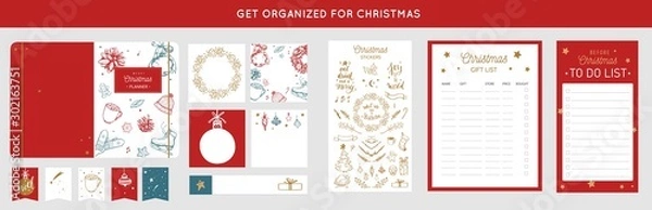 Obraz Merry Christmas organizer, planner, notepad, diary with vector hand drawn illustrations and handwritten calligraphy. Happy new year vintage elements. Get organized for ChristmasReady for print