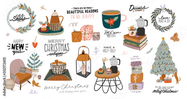 Obraz Scandinavian interior with December home decorations - wreath, cat, tree, gift, candles, table. Cozy Winter holiday season. Cute illustration and Christmas typography in Hygge style. Vector. Isolated.