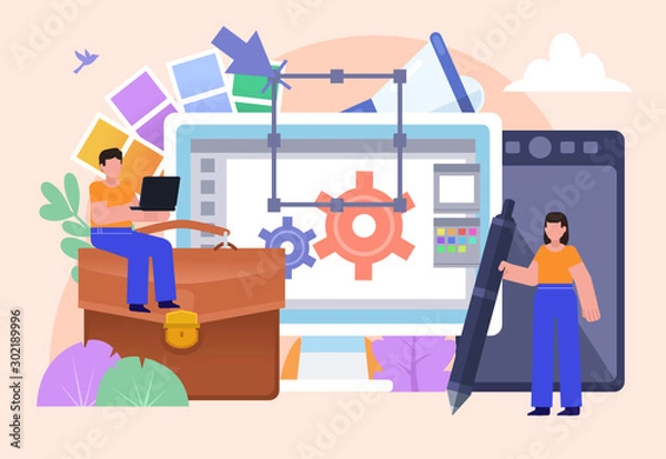 Obraz Design portfolio concept, web or graphic design studio. Man and woman stand near big screen, tablet. Poster for social media, web page, banner, presentation. Flat design vector illustration
