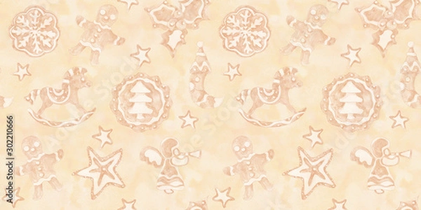 Obraz Christmas Gingerbread cookies  monochrome  watercolor  hand drawn artistic vintage seamless pattern