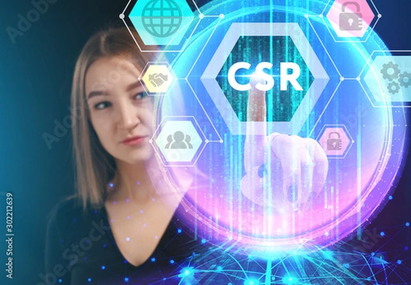 Fototapeta Business, Technology, Internet and network concept. Young businessman working on a virtual screen of the future and sees the inscription: CSR