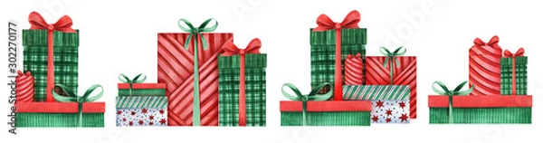 Fototapeta Set of four decorative elements compositions of gift boxes covered with decorative paper. Red and green boxes. Christmas presents. hand-drawn watercolor illustration isolated on white background