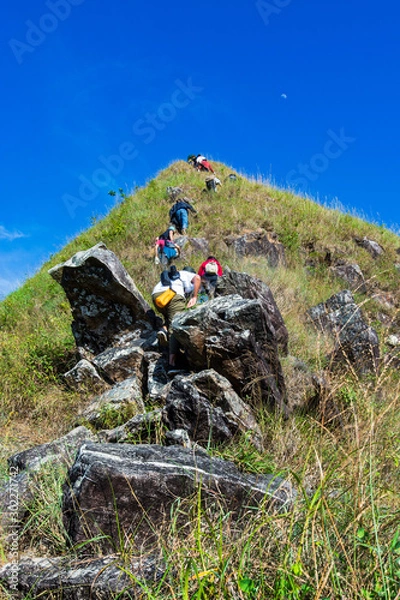 Fototapeta Group of tourists climbing up the mountain top with a blue sky background in Thongphaphum National Park, ,Khao Chang Phueak, Thailand.