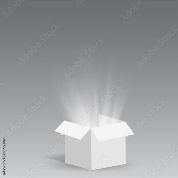 Fototapeta Vector opened gift box with magical silver shiny rays coming out of it isolated on white background. Surprise concept. Holiday sale banner for invitations, posters. Cardboard package for birthdays.