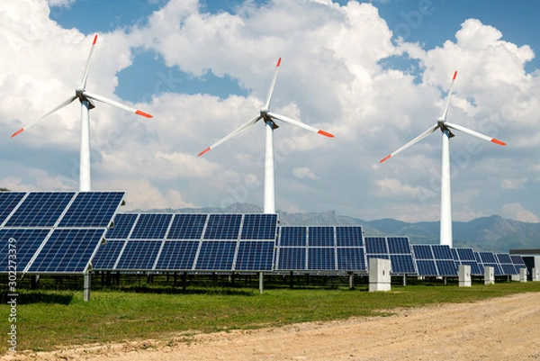 Fototapeta Photo collage of solar panels and wind turbins, alternative electricity source - concept of sustainable resources