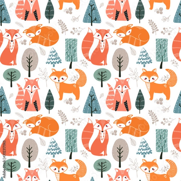 Fototapeta Seamless pattern with foxes and different elements. Illustration hand drawn in scandinavian style