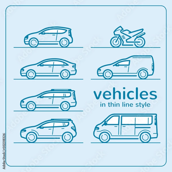 Fototapeta Thin line car bodies vector set of icons in art line style. Design element for the websites, leaflets, car services, travel companies.